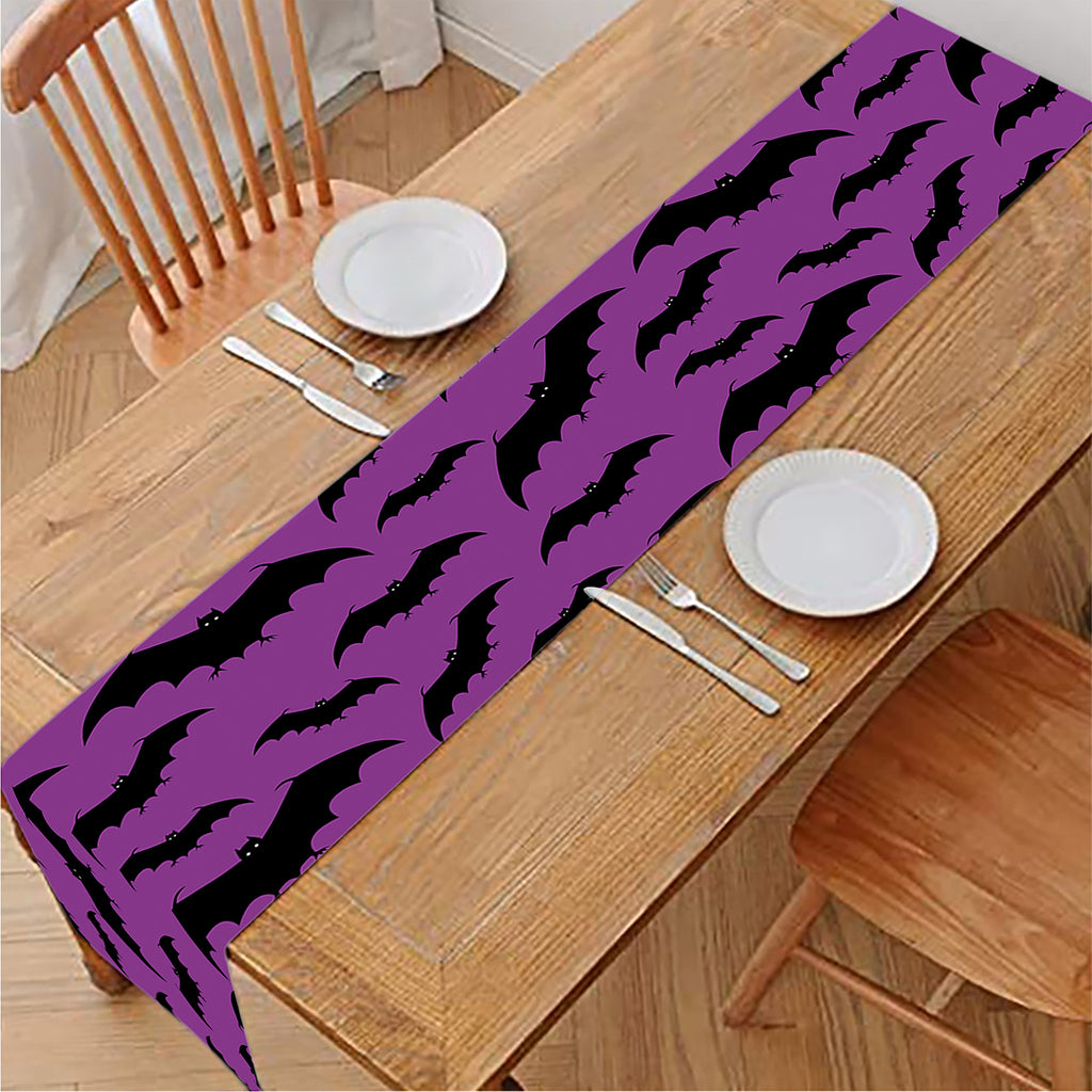 Purple And Black Halloween Bat Print Table Runner