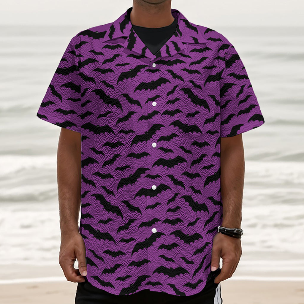 Purple And Black Halloween Bat Print Textured Short Sleeve Shirt