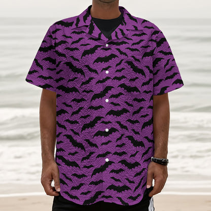 Purple And Black Halloween Bat Print Textured Short Sleeve Shirt