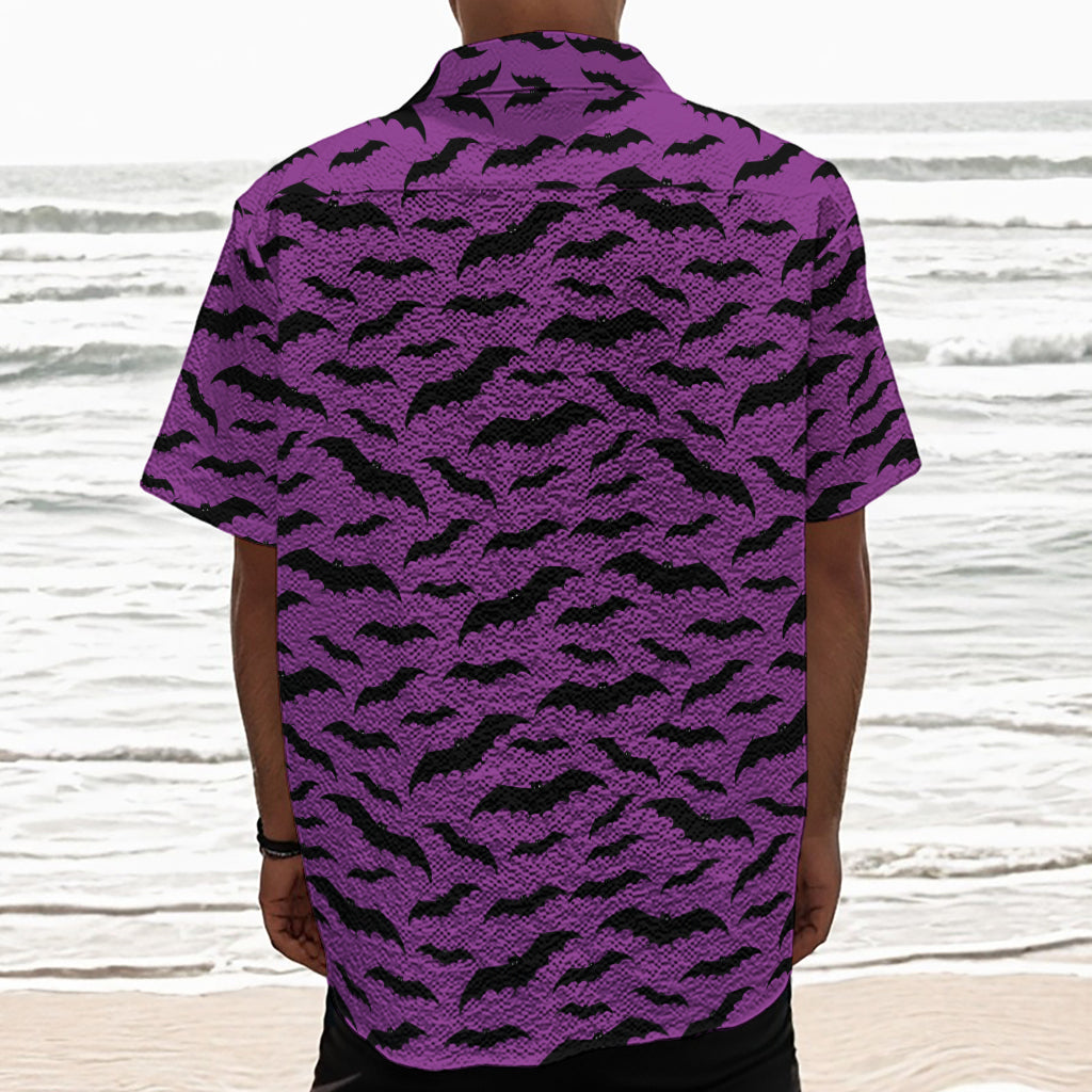 Purple And Black Halloween Bat Print Textured Short Sleeve Shirt