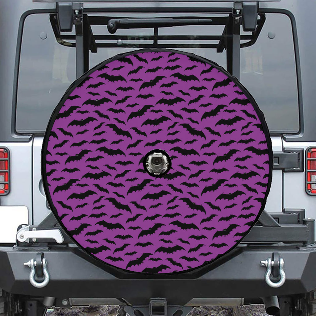 Purple And Black Halloween Bat Print Tire Cover With Camera Hole