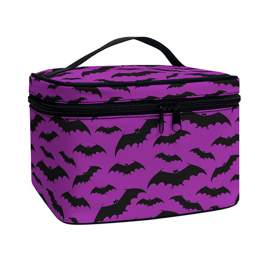 Purple And Black Halloween Bat Print Travel Makeup Bag