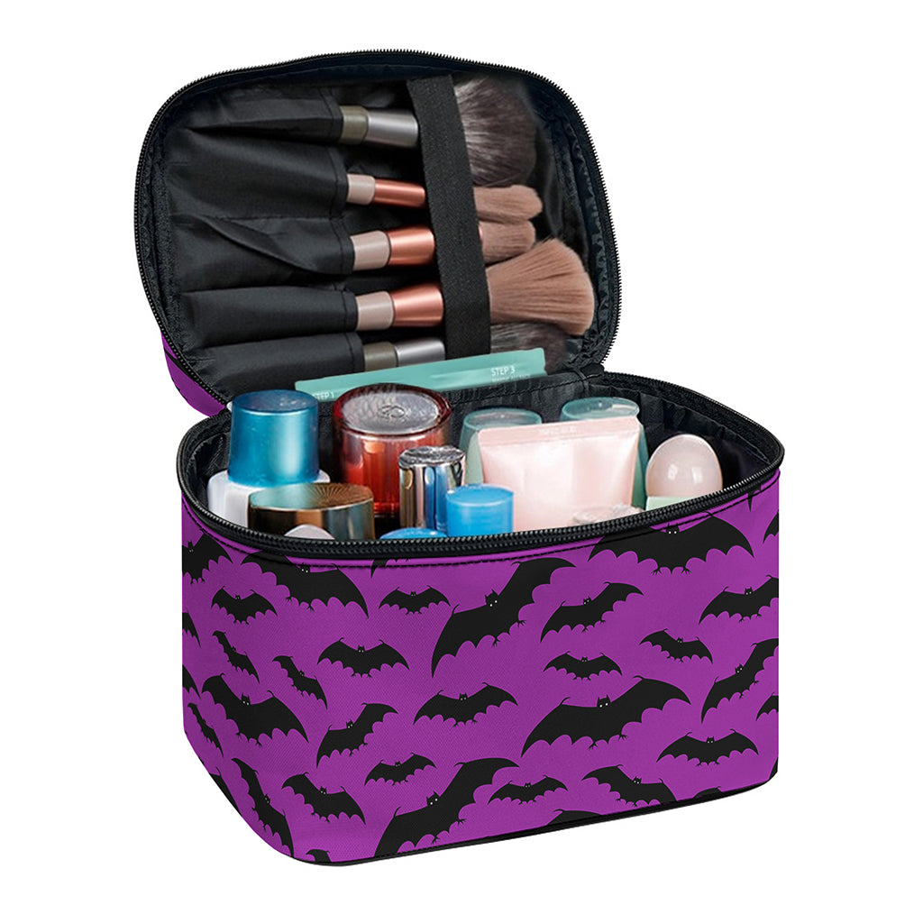 Purple And Black Halloween Bat Print Travel Makeup Bag