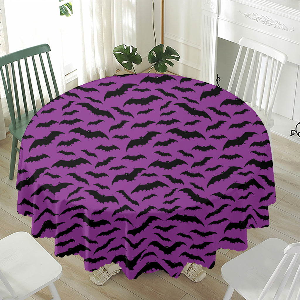 Purple And Black Halloween Bat Print Waterproof Round Tablecloth