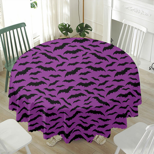 Purple And Black Halloween Bat Print Waterproof Round Tablecloth