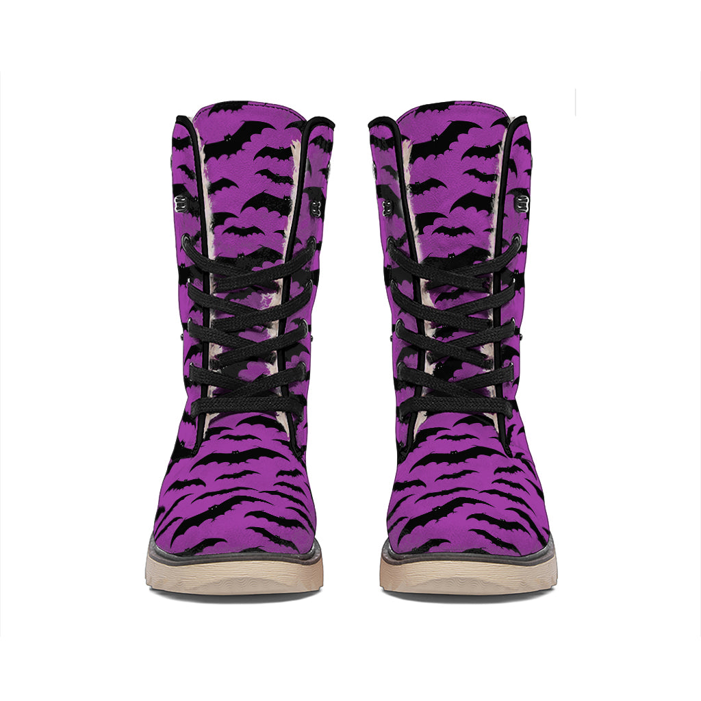Purple And Black Halloween Bat Print Winter Boots