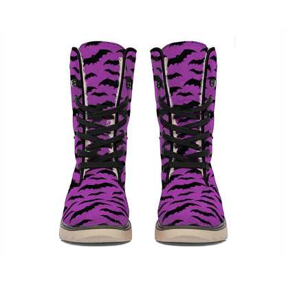 Purple And Black Halloween Bat Print Winter Boots