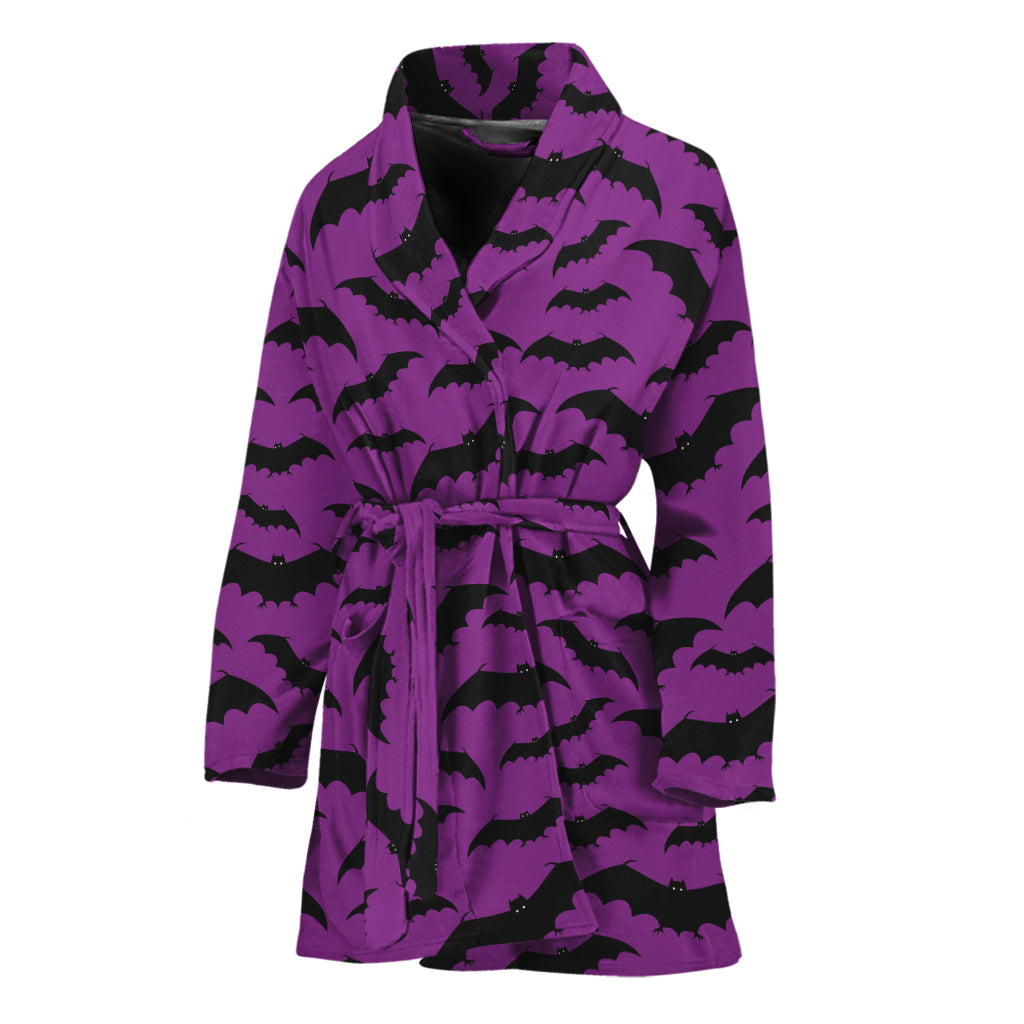 Purple And Black Halloween Bat Print Women's Bathrobe