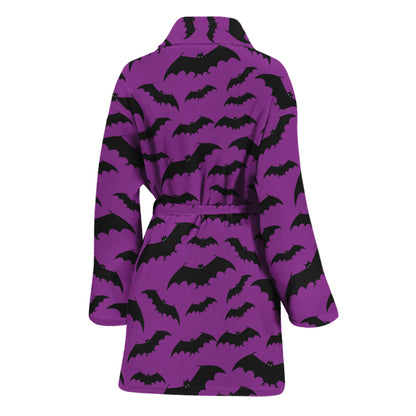 Purple And Black Halloween Bat Print Women's Bathrobe