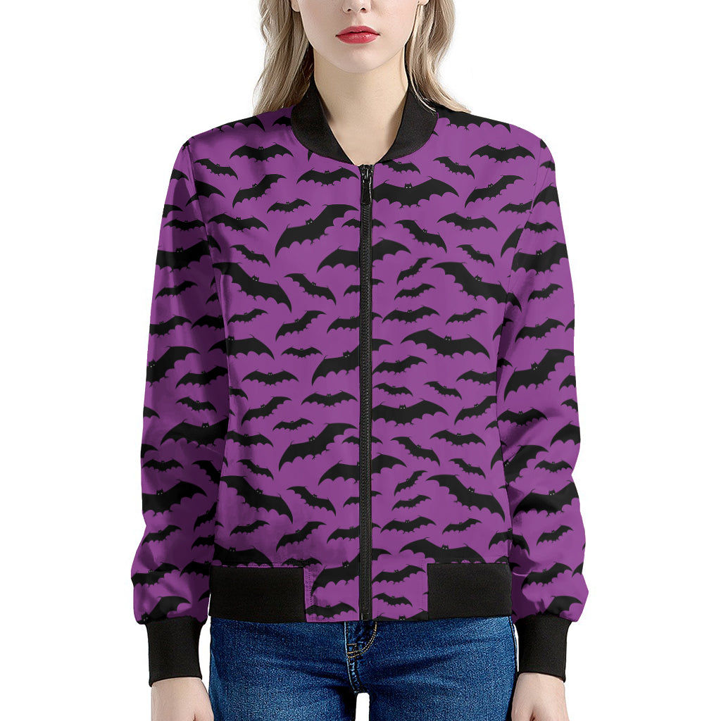 Purple And Black Halloween Bat Print Women's Bomber Jacket