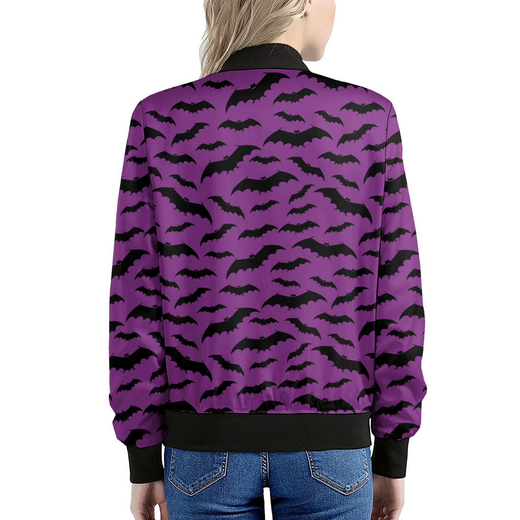 Purple And Black Halloween Bat Print Women's Bomber Jacket
