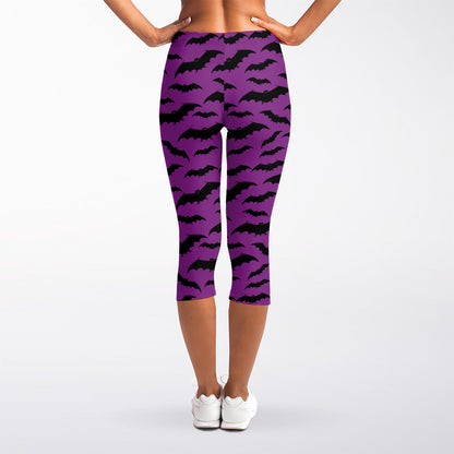 Purple And Black Halloween Bat Print Women's Capri Leggings