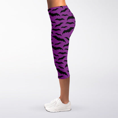 Purple And Black Halloween Bat Print Women's Capri Leggings