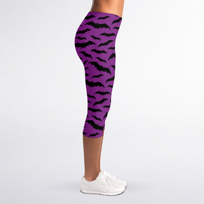 Purple And Black Halloween Bat Print Women's Capri Leggings