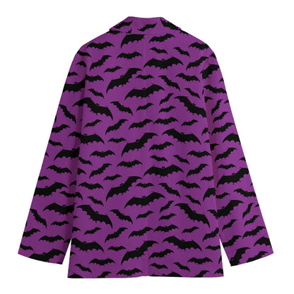 Purple And Black Halloween Bat Print Women's Cotton Blazer
