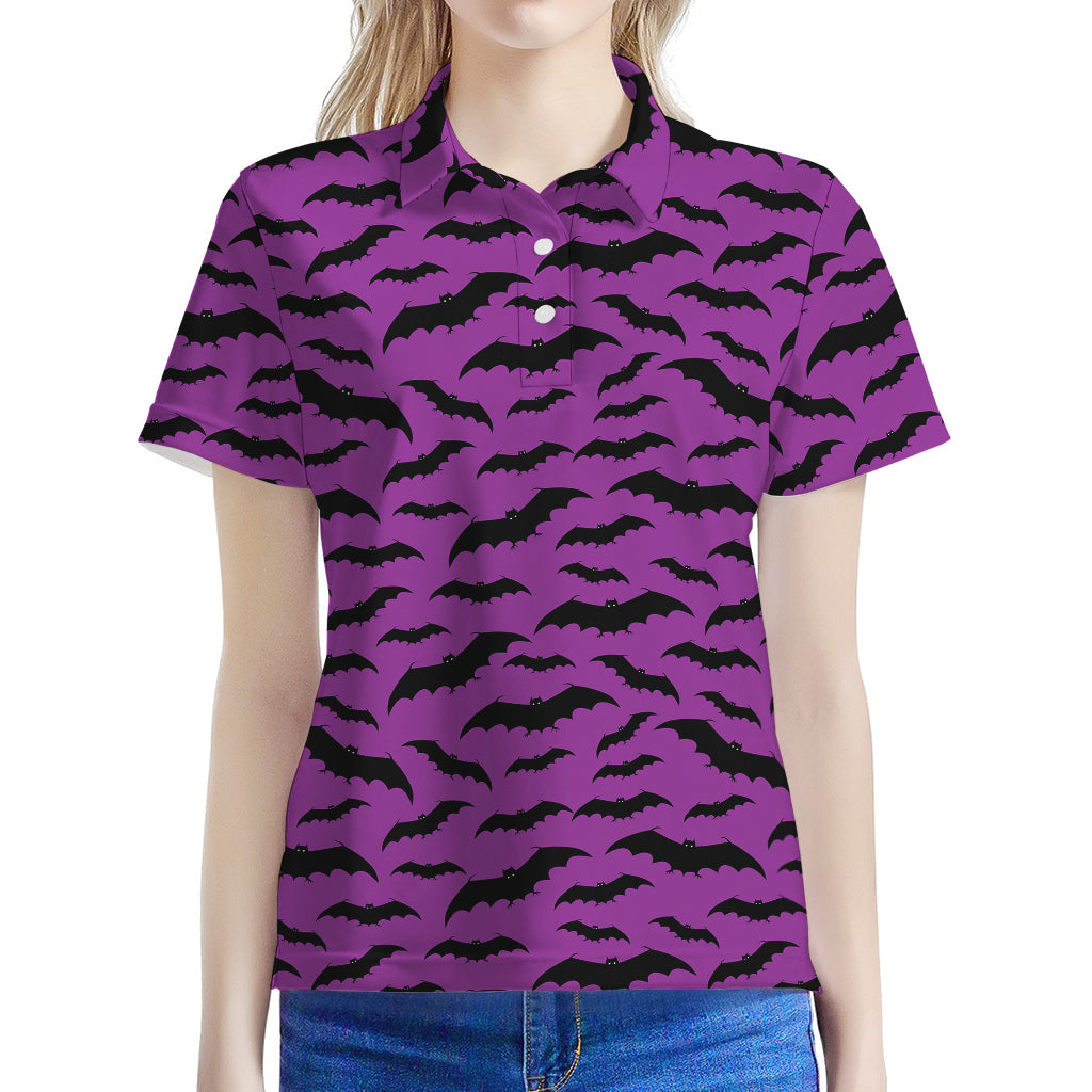 Purple And Black Halloween Bat Print Women's Polo Shirt