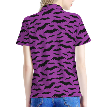 Purple And Black Halloween Bat Print Women's Polo Shirt