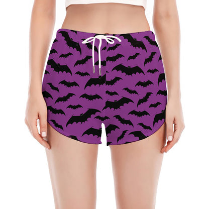Purple And Black Halloween Bat Print Women's Split Running Shorts