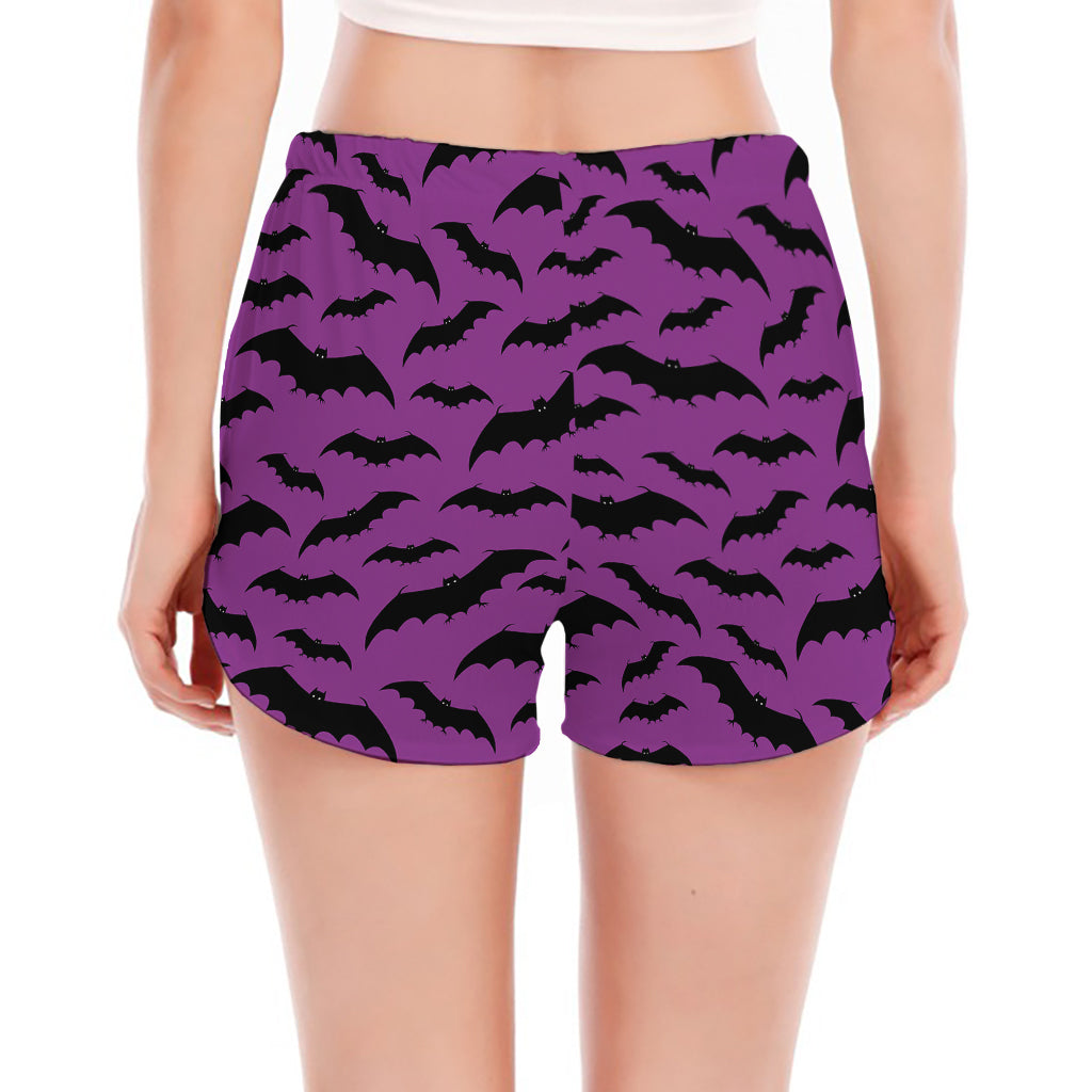 Purple And Black Halloween Bat Print Women's Split Running Shorts