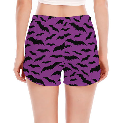 Purple And Black Halloween Bat Print Women's Split Running Shorts