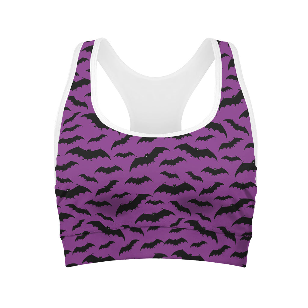 Purple And Black Halloween Bat Print Women's Sports Bra