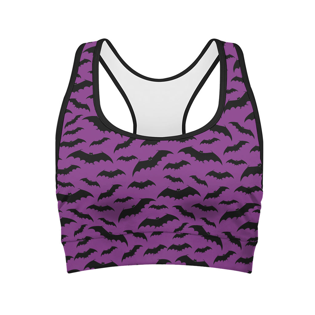 Purple And Black Halloween Bat Print Women's Sports Bra