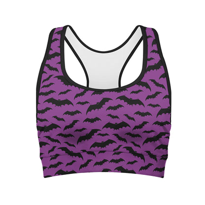 Purple And Black Halloween Bat Print Women's Sports Bra