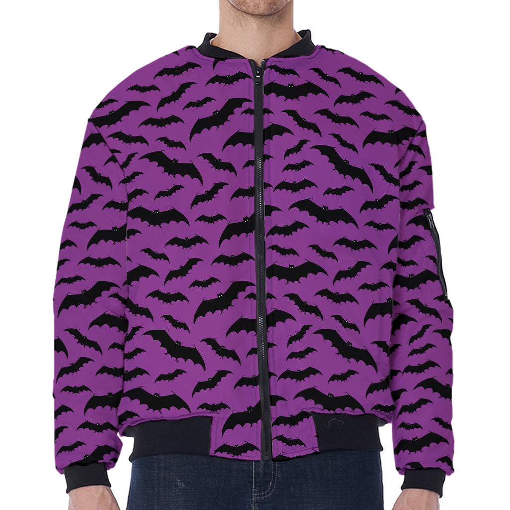 Purple And Black Halloween Bat Print Zip Sleeve Bomber Jacket