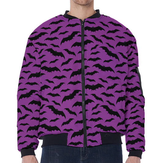 Purple And Black Halloween Bat Print Zip Sleeve Bomber Jacket