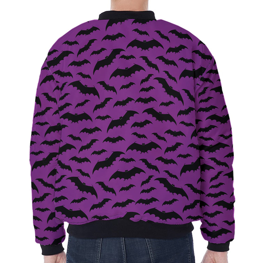 Purple And Black Halloween Bat Print Zip Sleeve Bomber Jacket