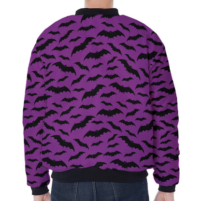 Purple And Black Halloween Bat Print Zip Sleeve Bomber Jacket