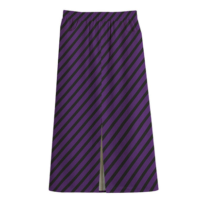 Purple And Black Halloween Pattern Print Cotton Front Slit Maxi Skirt
