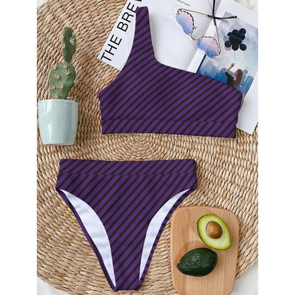 Purple And Black Halloween Pattern Print One Shoulder Bikini Top