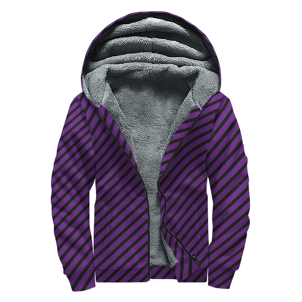 Purple And Black Halloween Pattern Print Sherpa Lined Zip Up Hoodie