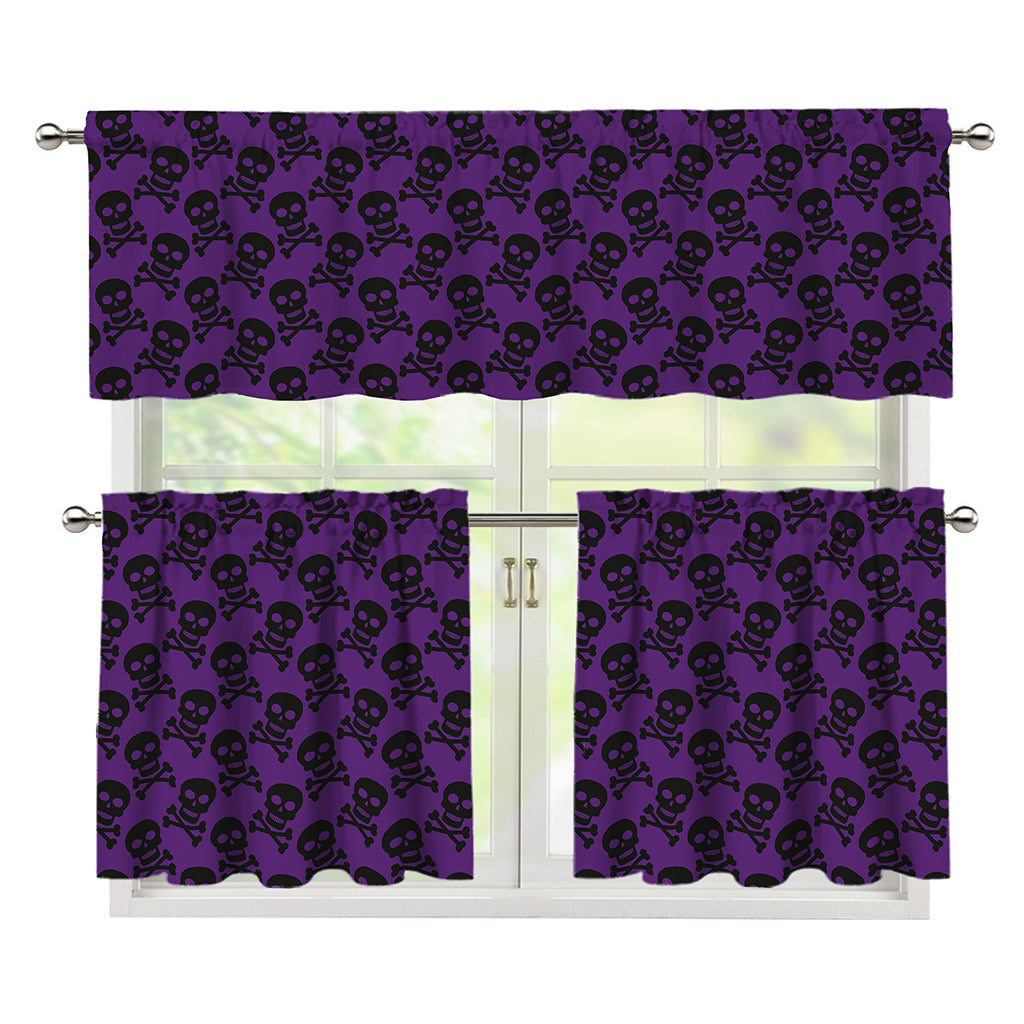 Purple And Black Halloween Skull Print 3 Piece Kitchen Curtains