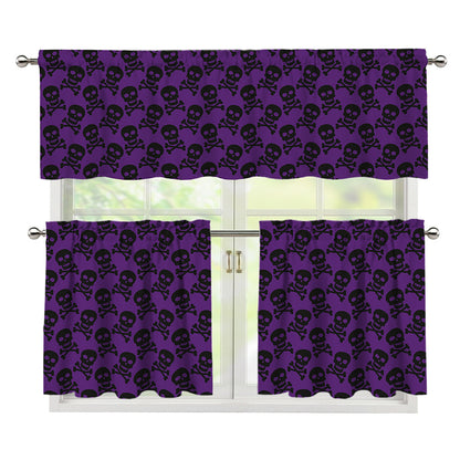 Purple And Black Halloween Skull Print 3 Piece Kitchen Curtains