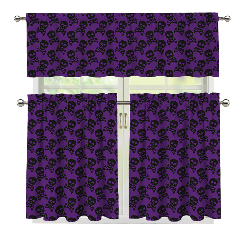 Purple And Black Halloween Skull Print 3 Piece Kitchen Curtains