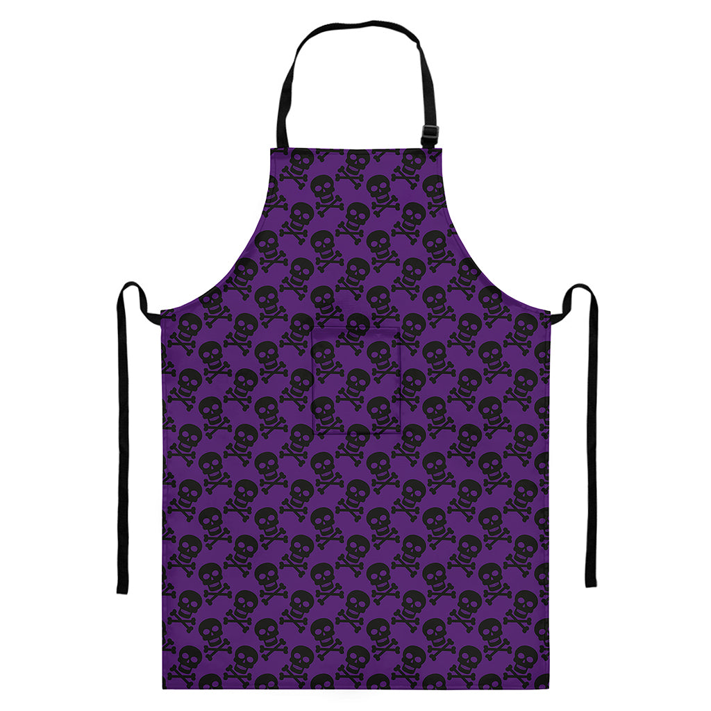 Purple And Black Halloween Skull Print Bib Apron With Pocket