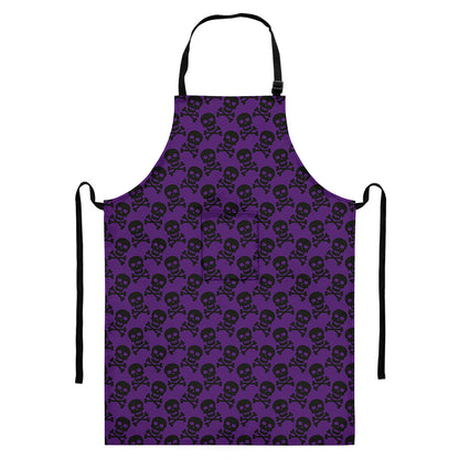 Purple And Black Halloween Skull Print Bib Apron With Pocket