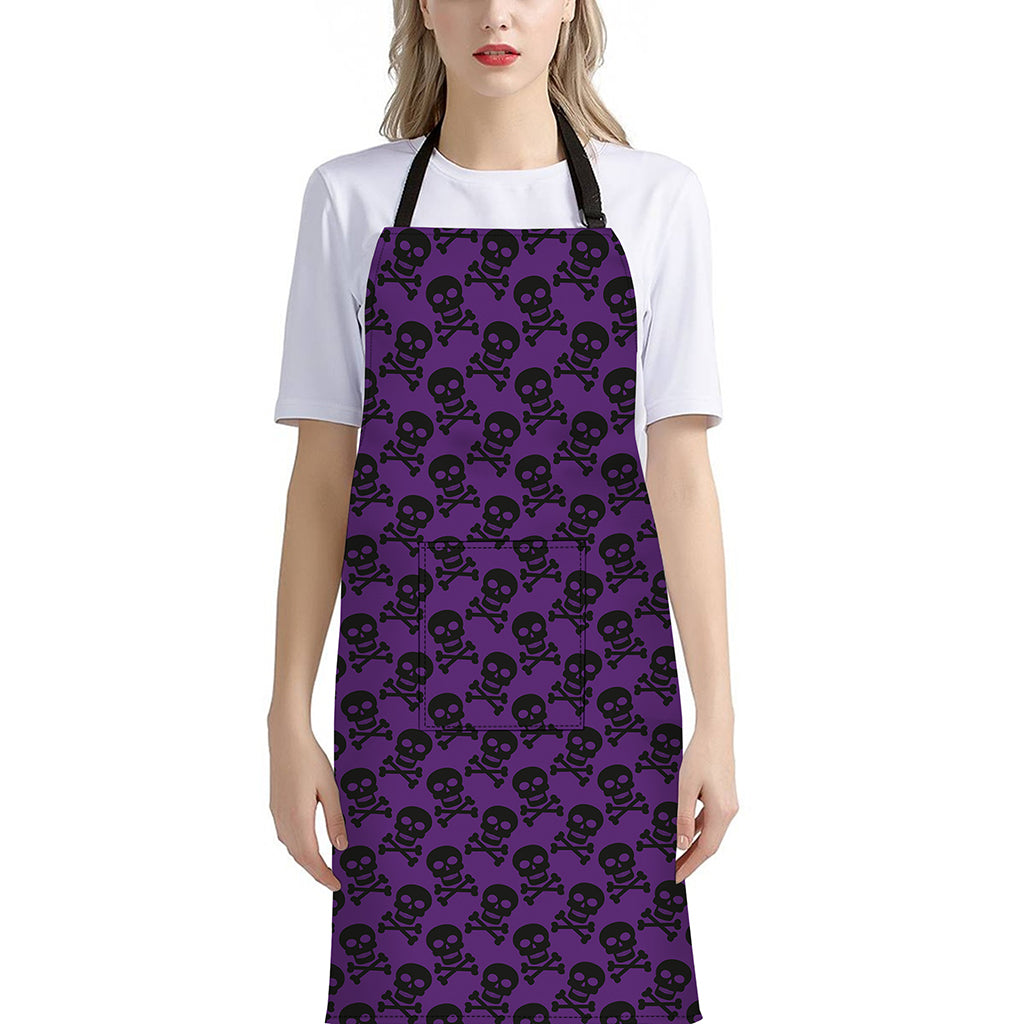 Purple And Black Halloween Skull Print Bib Apron With Pocket