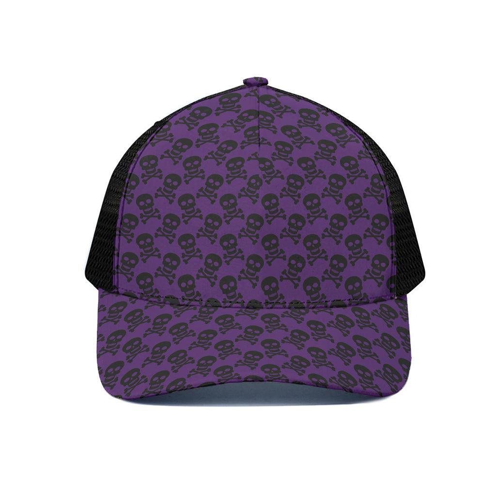 Purple And Black Halloween Skull Print Black Mesh Trucker Cap