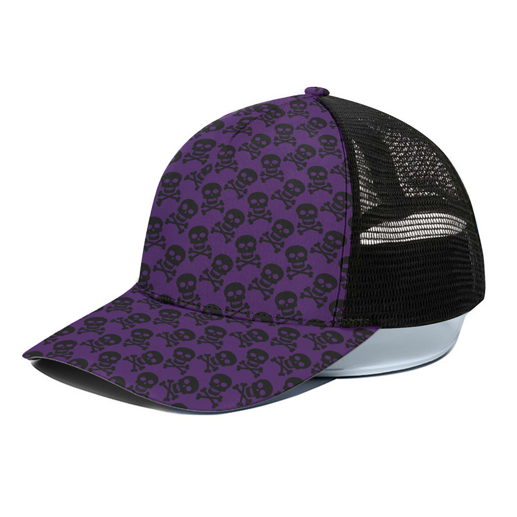 Purple And Black Halloween Skull Print Black Mesh Trucker Cap