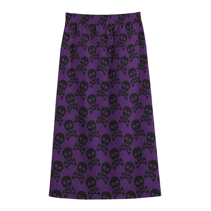 Purple And Black Halloween Skull Print Cotton Front Slit Maxi Skirt