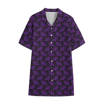 Purple And Black Halloween Skull Print Cotton Hawaiian Shirt