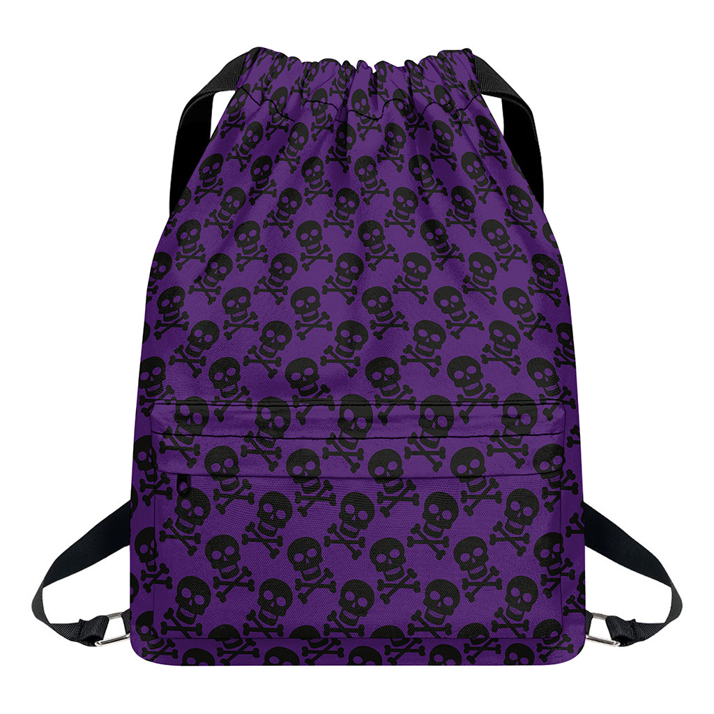 Purple And Black Halloween Skull Print Drawstring Backpack