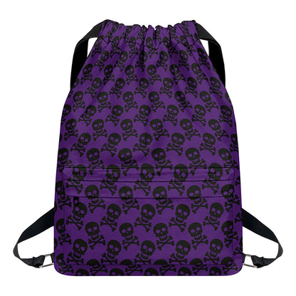 Purple And Black Halloween Skull Print Drawstring Backpack