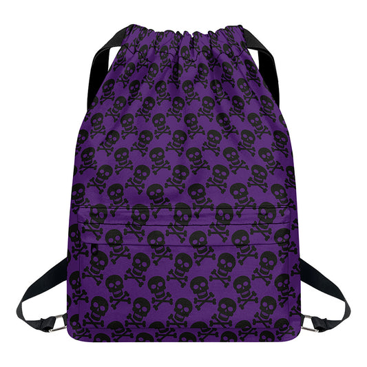 Purple And Black Halloween Skull Print Drawstring Backpack