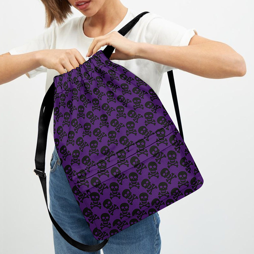 Purple And Black Halloween Skull Print Drawstring Backpack