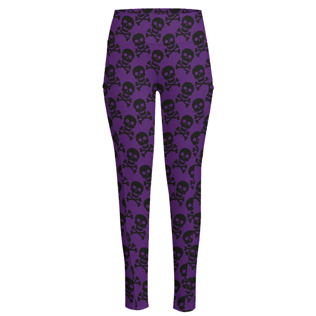 Purple And Black Halloween Skull Print High-Waisted Pocket Leggings