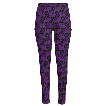 Purple And Black Halloween Skull Print High-Waisted Pocket Leggings